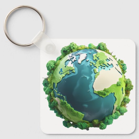 地球の日 – 緑と青の地球と木 キーホルダー (正面)