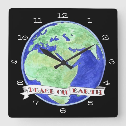 地球の時計の平和を変える時間 スクエア壁時計 (正面)