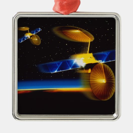 地球の水平線上の衛星のイラストレーション メタルオーナメント (正面)