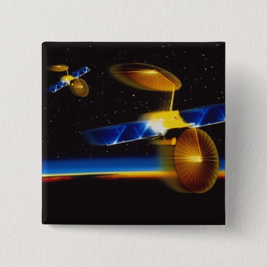 地球の水平線上の衛星のイラストレーション 缶バッジ (正面)