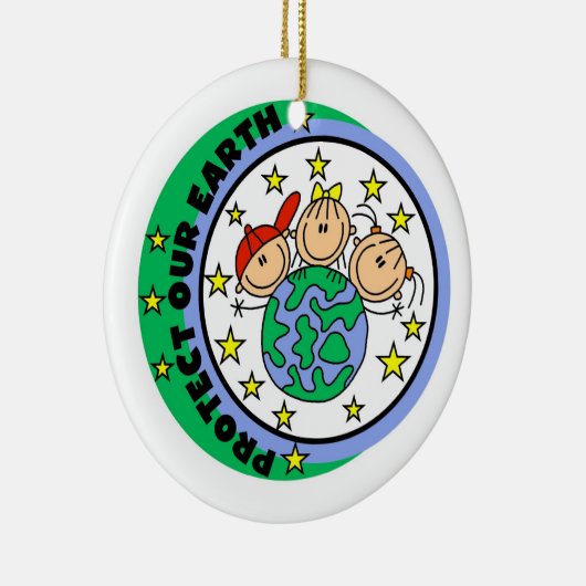 地球のT保護シャツと贈り物をスティックフィギュア セラミックオーナメント (右)