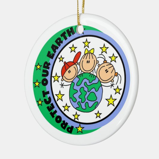 地球のT保護シャツと贈り物をスティックフィギュア セラミックオーナメント (左)