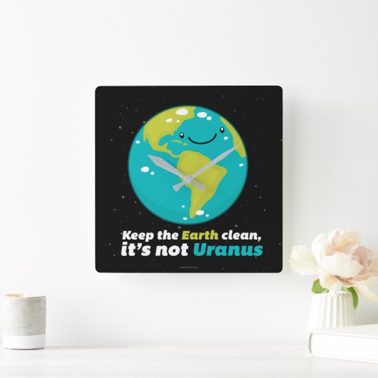 地球をきれい保って下さい スクエア壁時計 (ホーム)