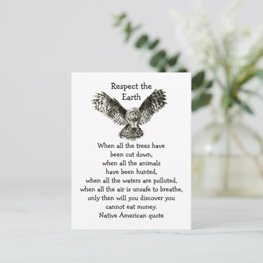 地球を尊敬する印象的なフクロウ先住民アメリカ ポストカード (スタンド正面)