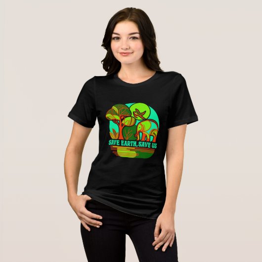 地球を救おう 私たちを救おう ゾウ 地球の日 Tシャツ (正面全面)