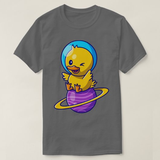 地球アニメに座っているかわいいアヒルの宇宙飛行士 Tシャツ (デザイン正面)