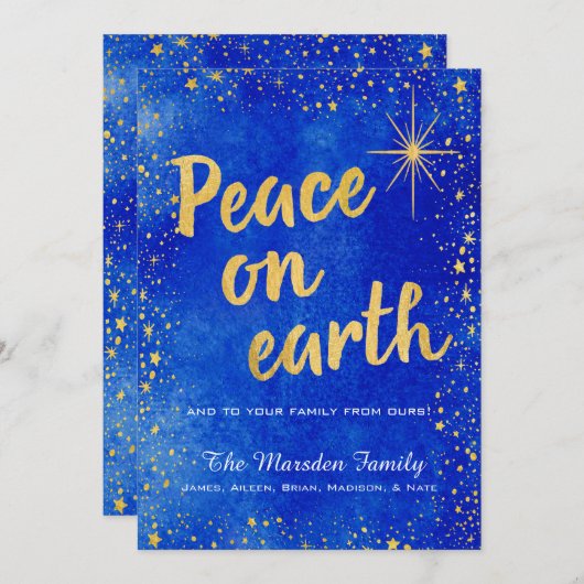地球カスタムの平和の青と金ゴールドクリスマスカード シーズンカード (正面/裏面)