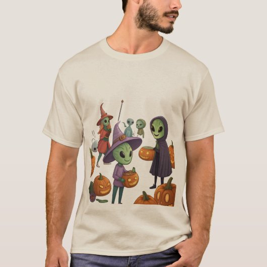 地球上でハロウィンを祝う宇宙人たち – 宇宙のコスチューム Tシャツ (正面)