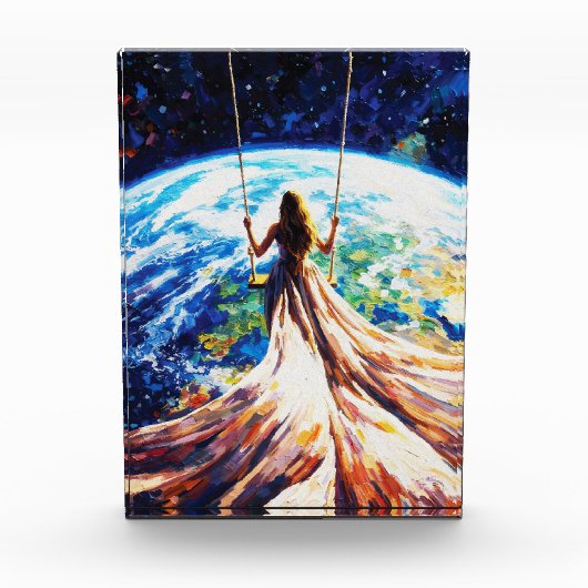 地球上でブランコに乗る女性の厚塗り油絵 フォトブロック (正面)
