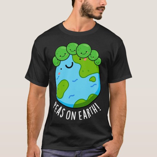 地球上のエンドウ豆 おもしろ野菜 平和のパロディ ダーク背景Tシャツ Tシャツ (正面)