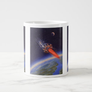 地球上の宇宙空間を飛行するヴィンテージのSFロケット ジャンボコーヒーマグカップ