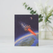 地球上の宇宙空間を飛行するヴィンテージのSFロケット ポストカード (スタンド正面)