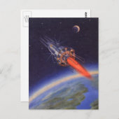 地球上の宇宙空間を飛行するヴィンテージのSFロケット ポストカード (正面/裏面)