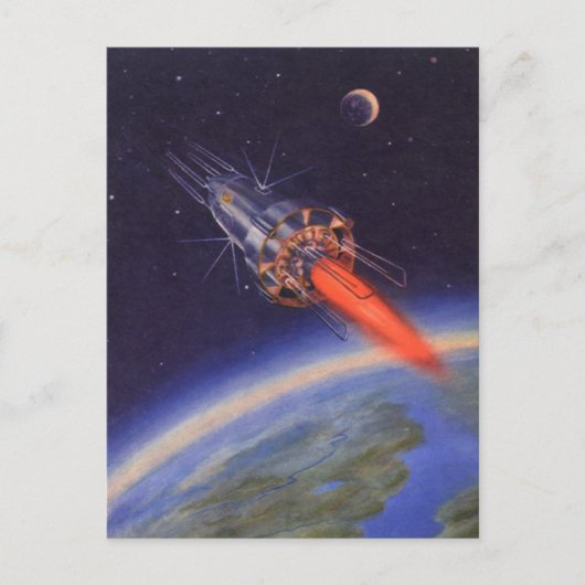 地球上の宇宙空間を飛行するヴィンテージのSFロケット ポストカード (正面)