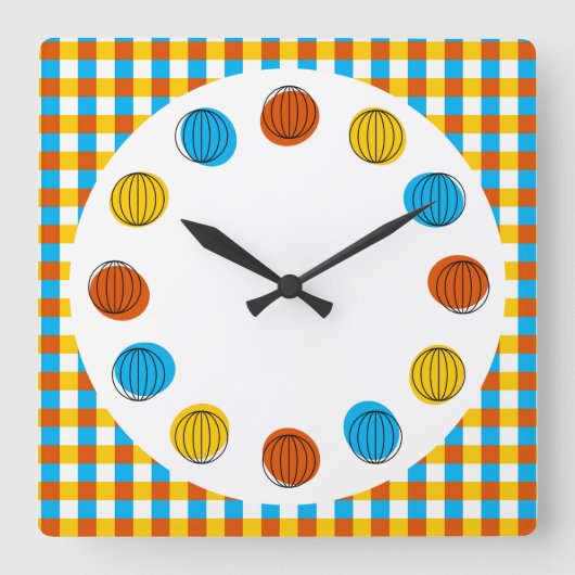 地球円と時計の正方形をチェック スクエア壁時計 (正面)