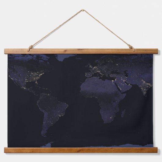 地球地図地球の都市の夜のライト。 吊り下げ型タペストリー (正面)