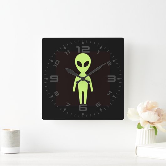 地球外エイリアン小緑男黒 スクエア壁時計 (ホーム)