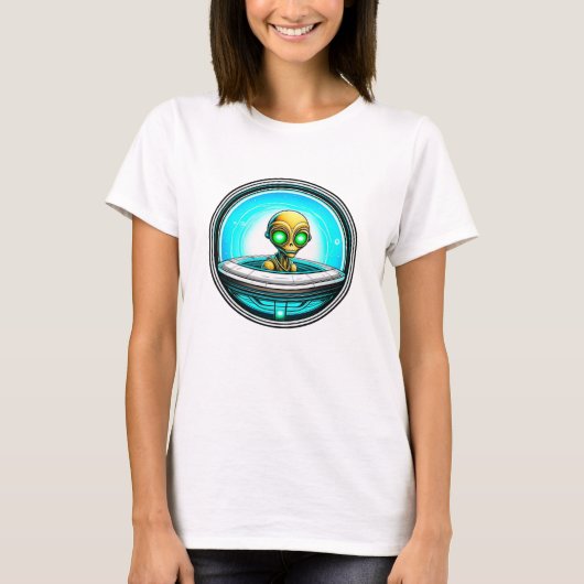 地球外エイリアン飛んでいるa UFO Tシャツ (正面)