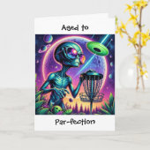 地球外及び円盤ゴルフをテーマにした誕生日 カード (黄色い花)