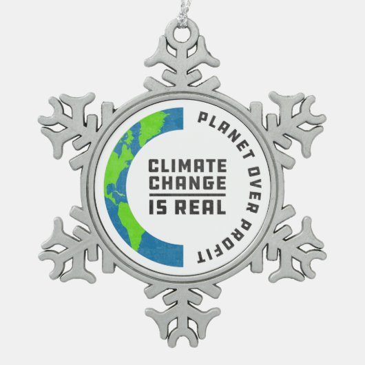 地球温暖化を乗り越えた地球気候変動 スノーフレークピューターオーナメント (正面)