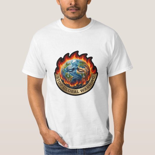地球温暖化を止めろ 泣く地球 炎 環境保護 Tシャツ (正面)