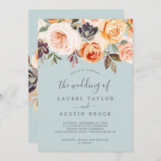 地球素朴花模様 |ミント結婚ス・ザ・オブ 招待状 (正面/裏面)