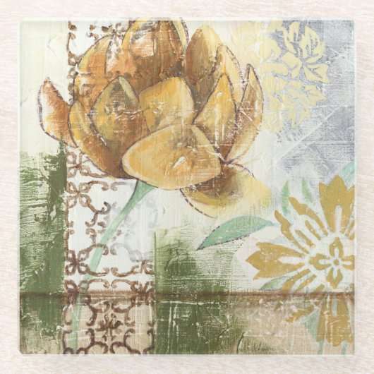 地球花との装飾的なフレスコ画のデザイン ガラスコースター (正面)