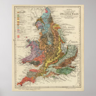 地質地図イギリス、ウェールズ ポスター