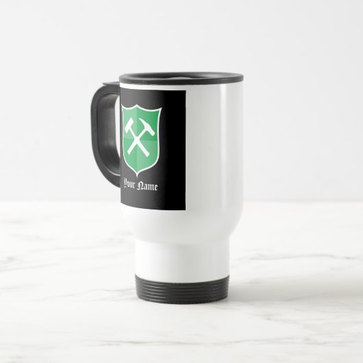 地質学者のクロスロックハンマーとシールドロゴ トラベルマグ (正面左)