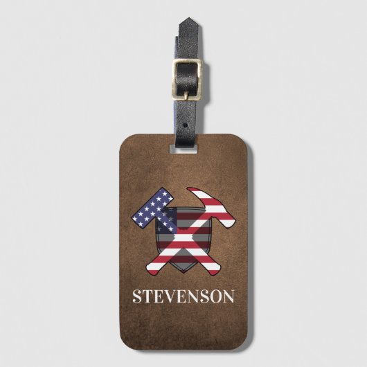 地質学者のハンマーと盾 – アメリカ国旗 ラゲッジタグ (正面縦)