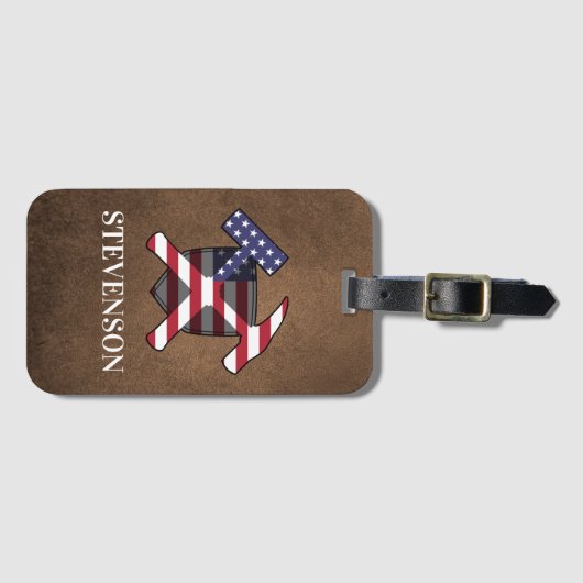 地質学者のハンマーと盾 – アメリカ国旗 ラゲッジタグ (正面横)