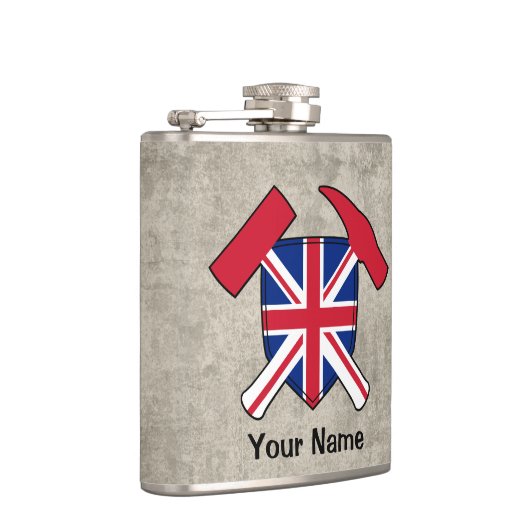 地質学者のロックハンマーとユニオンジャックロゴ フラスク (右)
