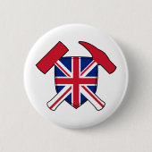 地質学者のロックハンマーとユニオンジャックロゴ 缶バッジ (正面)