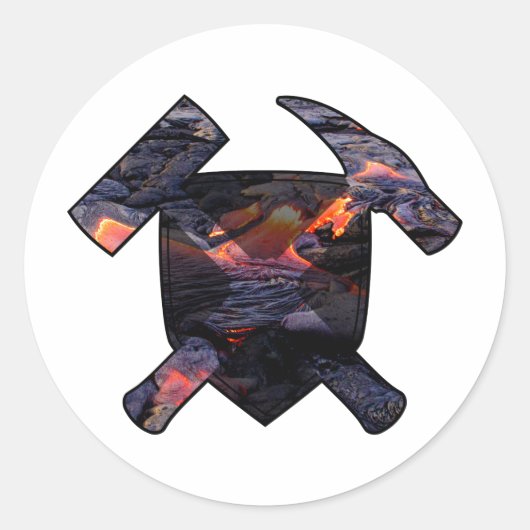 地質学者のロックハンマーと溶岩流のロゴ ラウンドシール (正面)