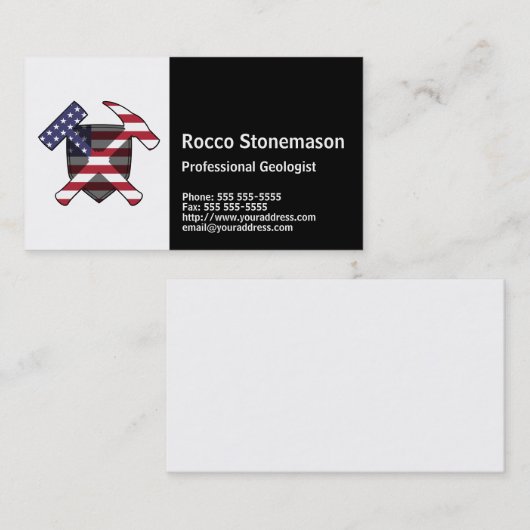 地質学者のロックハンマーのロゴと米国国旗 名刺 (正面/裏面)