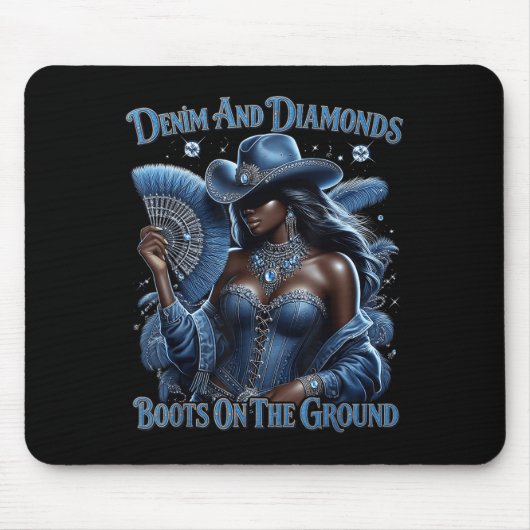 地面のデニムとダイヤモンド牛の上の西のブーツ マウスパッド (正面)