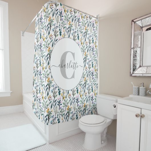 坊保水彩山花文様モノグラム名 シャワーカーテン (インサイチュ)