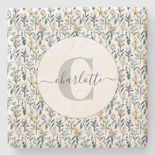 坊保水彩山花文様モノグラム名  ストーンコースター