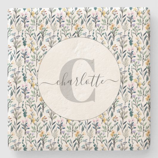 坊保水彩山花文様モノグラム名 ストーンコースター (正面)