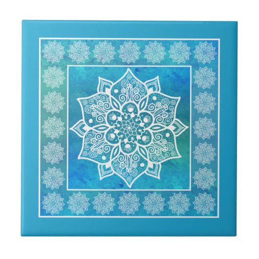 坊方青ターコイズ水彩曼荼羅フローラ タイル (正面)