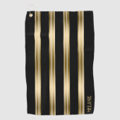 垂直の黒と金ゴールドストライプの白の背景 ゴルフタオル (正面)