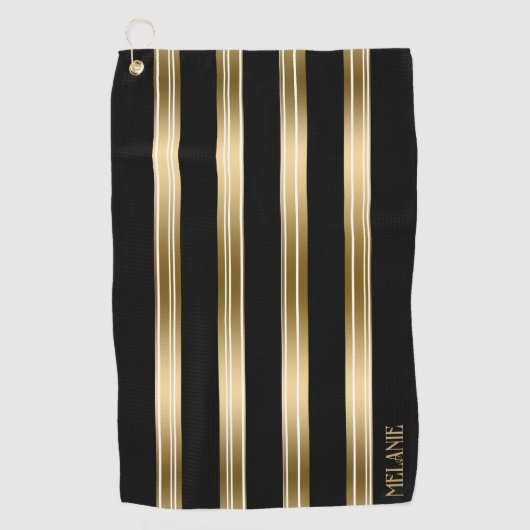 垂直の黒と金ゴールドストライプの白の背景 ゴルフタオル (正面)
