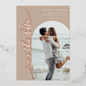 垂直アーチ写真のTaupe日付を保存 箔招待状 (正面)