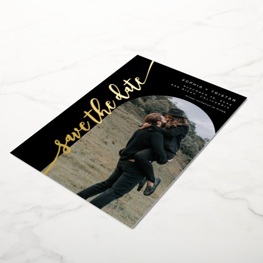 垂直アーチ写真黒の日付を保存 箔招待状 (回転した状態)