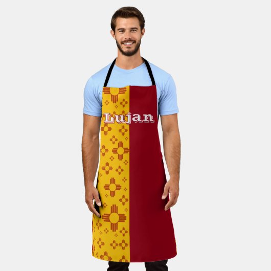 垂直ストライプズシアサンレッドイエローニューメキシコ エプロン (着用した状態)