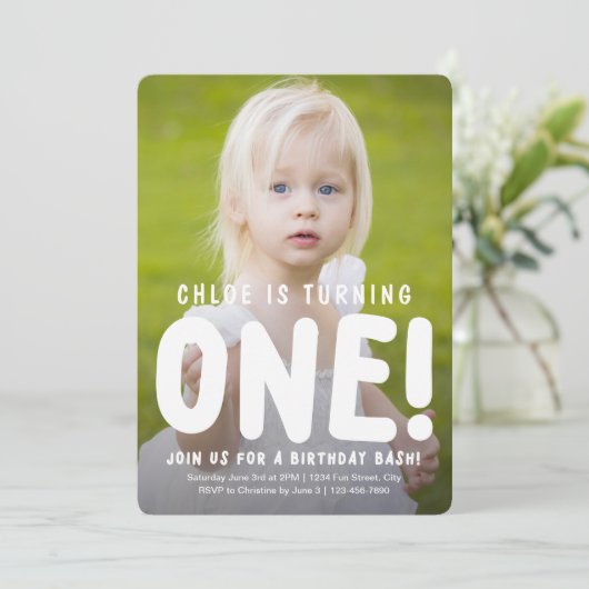 垂直フルフォト最初の誕生日招待状 招待状 (スタンド正面)