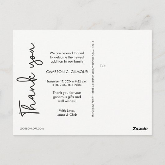 垂直ベビーシャワーありがとう出産発表 ポストカード (裏面)