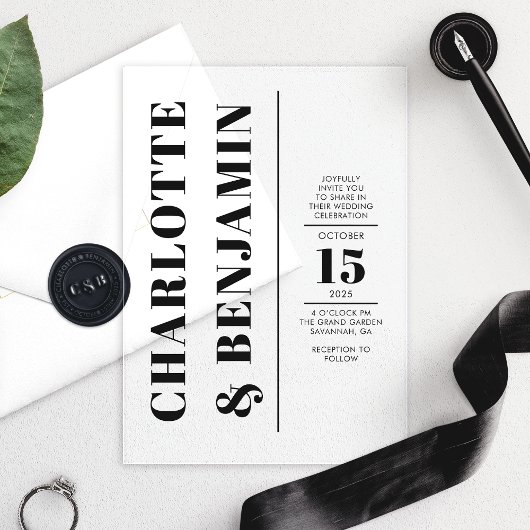 垂直モダン黒結婚はっきりした線 アクリル招待状