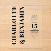 垂直モダン黒結婚はっきりした線 アクリル招待状 (正面)