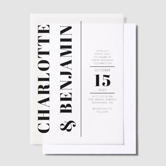 垂直モダン黒結婚はっきりした線 ベラム紙招待状 (オフセット)